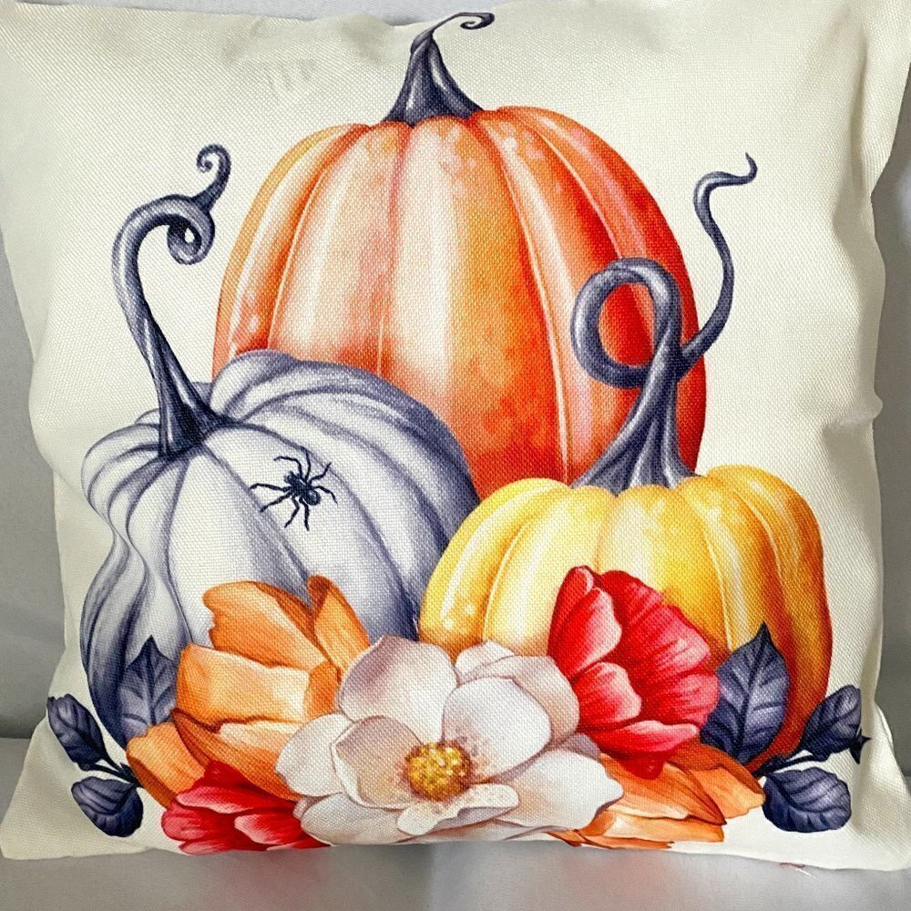 Pumpkin & Floral Decor Accent Pillow 18x18" NWOT